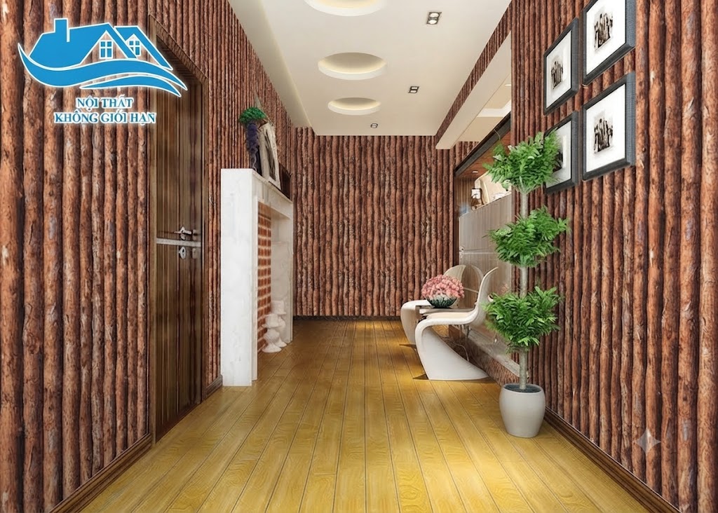 Thi công giấy dán tường 3D giả gỗ nhà hàng phong cách hiện đại