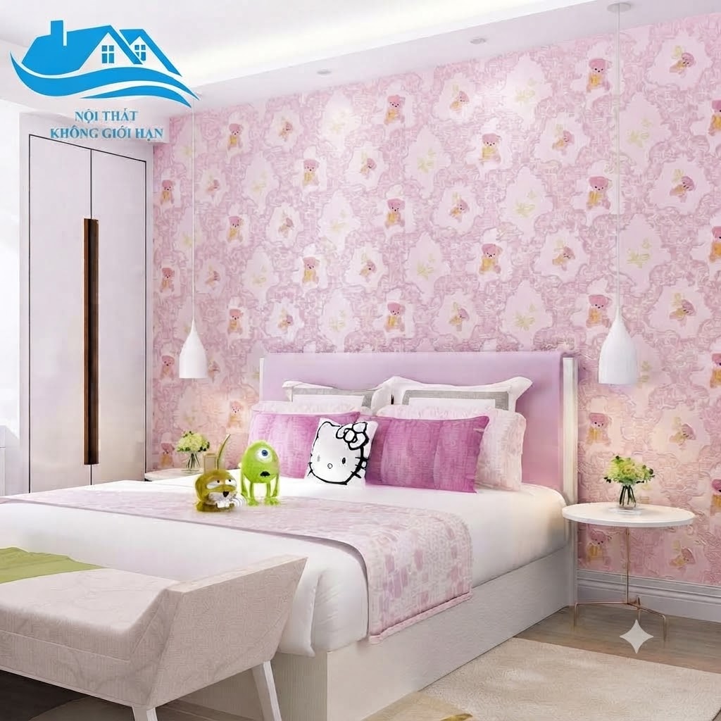 Giấy dán tường họa tiết chú gấu nền hồng cho phòng trẻ em