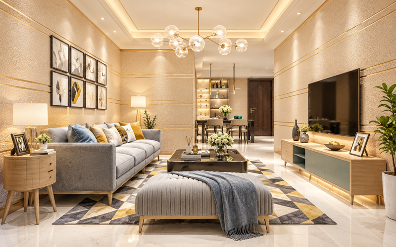 Giấy Dán Tường Phòng Khách Viền Đôi Trang Nhã Màu Kem