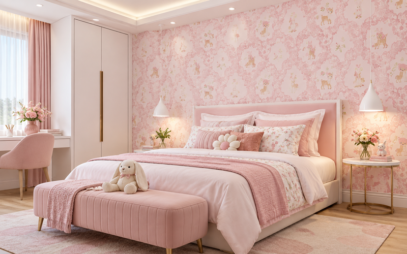Giấy Dán Tường Họa Tiết Chú Gấu Decor Phòng Bé Gái Nền Hồng