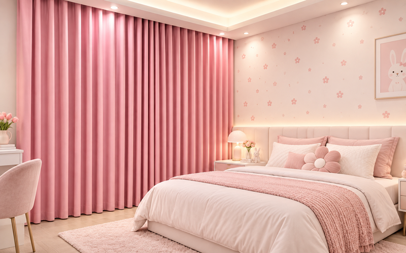 Rèm Vải 1 Lớp Màu Hồng Cao Cấp