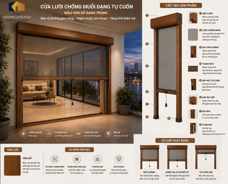 Cửa Lưới Chống Muỗi Tự Cuốn Màu Vân Gỗ